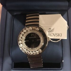 Swarovski Crystal-Embellished Black and Silver Timepiece